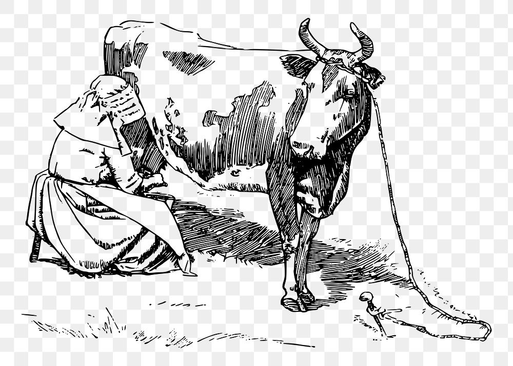 Woman milking cow png sticker vintage illustration, transparent background. Free public domain CC0 image.