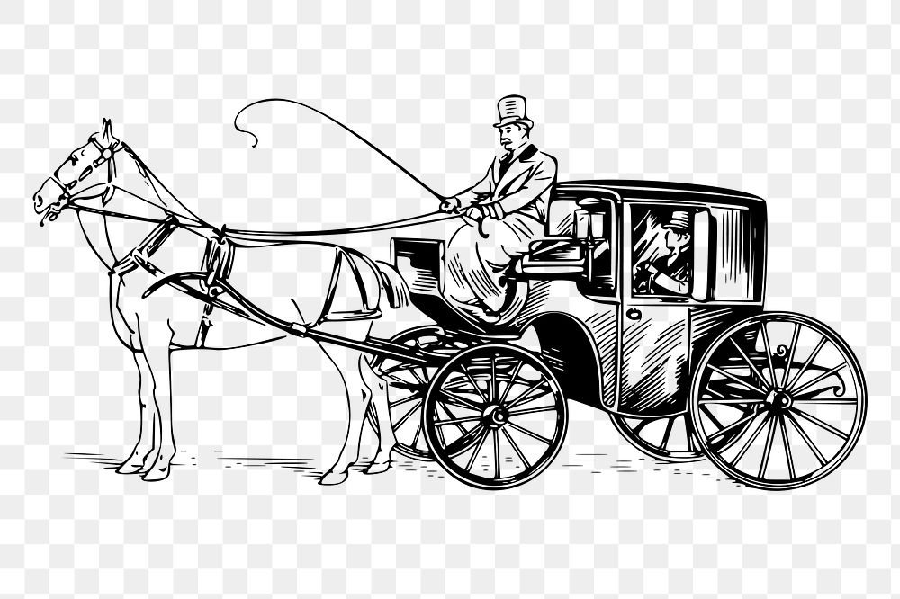 Horse Carriage in Black Line Art with Grey Hand Drawn Swirls.