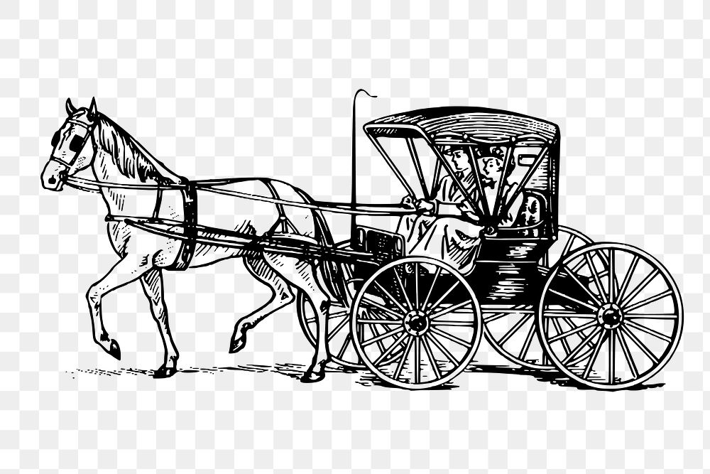 Horse and buggy png sticker, carriage vintage illustration on transparent background. Free public domain CC0 image.