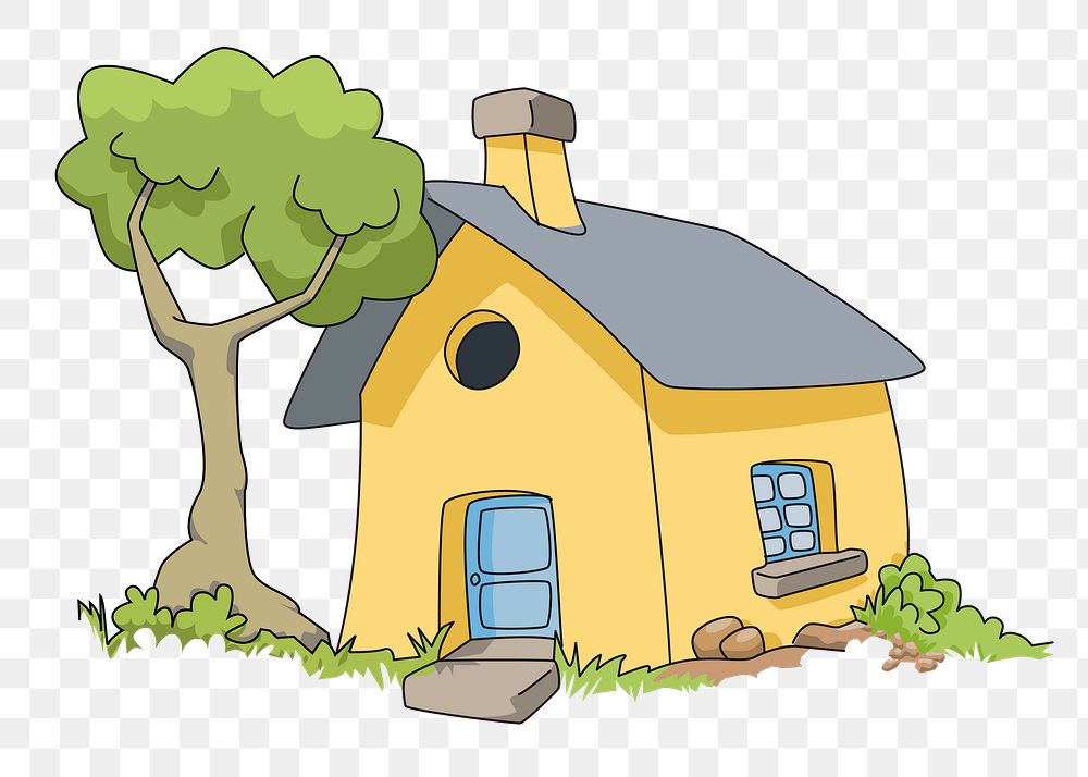 Yellow house png cartoon drawing, transparent background. Free public domain CC0 image.