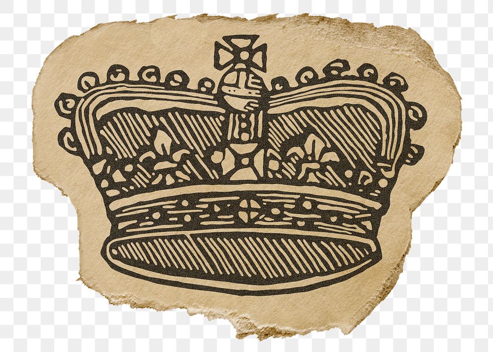 Royal crown png sticker, ripped paper, vintage illustration, transparent background