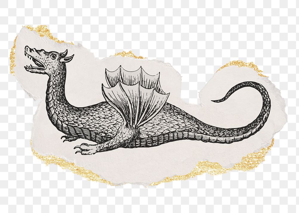Dragon png sticker, ripped paper, gold glitter illustration, transparent background