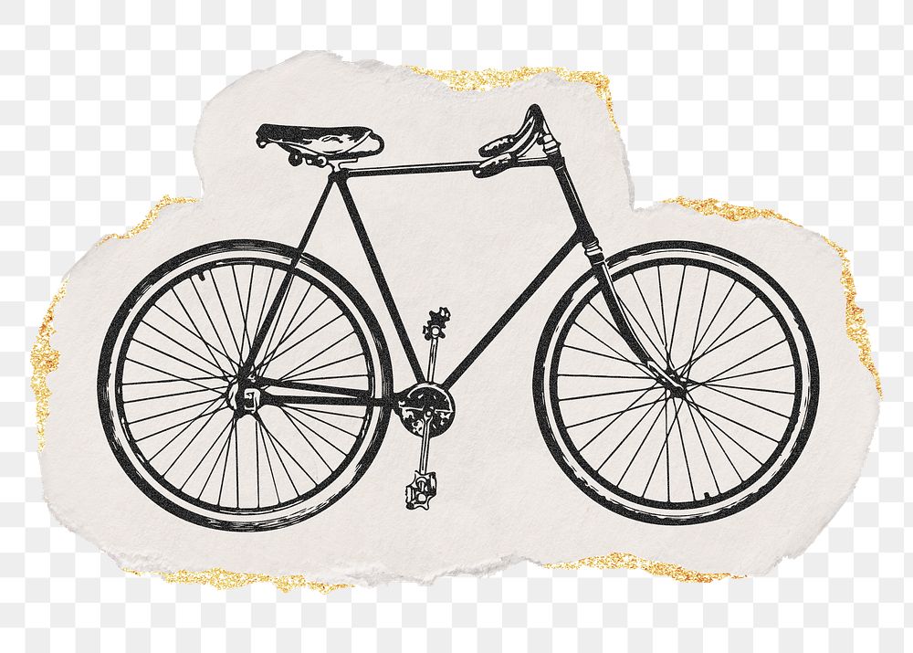 Bicycle png sticker, ripped paper, gold glitter illustration, transparent background