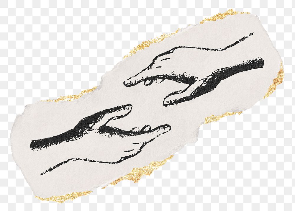 Helping hands png sticker, ripped paper, gold glitter illustration, transparent background