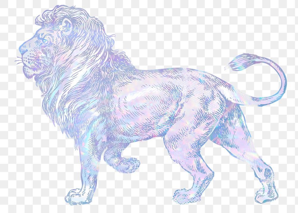 Lion png sticker, aesthetic holographic illustration, transparent background