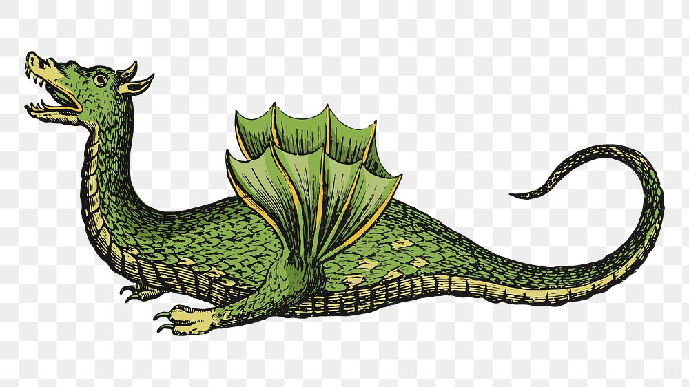 Green dragon png sticker, vintage mythical creature illustration, transparent background