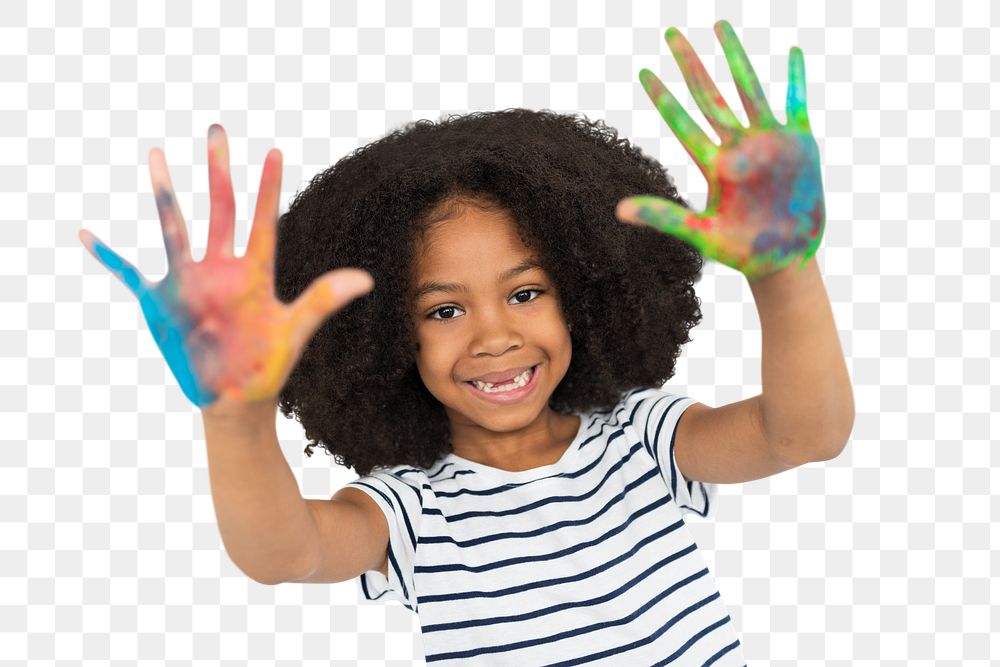 Happy black girl with palms covered in paint transparent png