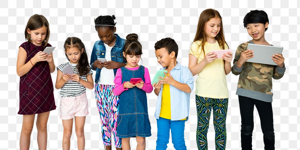 Png children using digital devices, transparent background