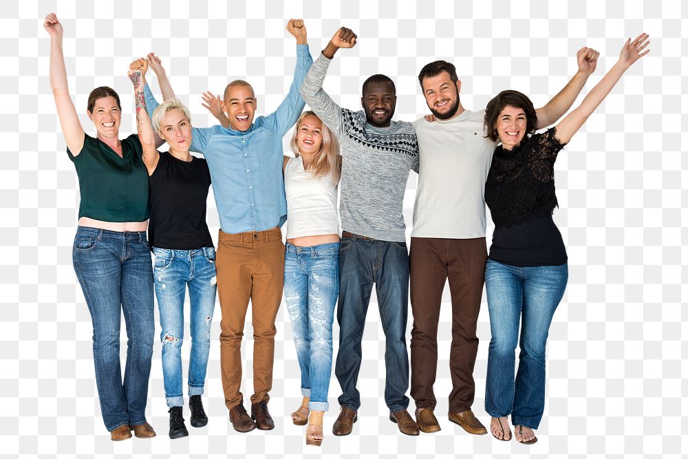 Friends png sticker, group of people raising hands, transparent background