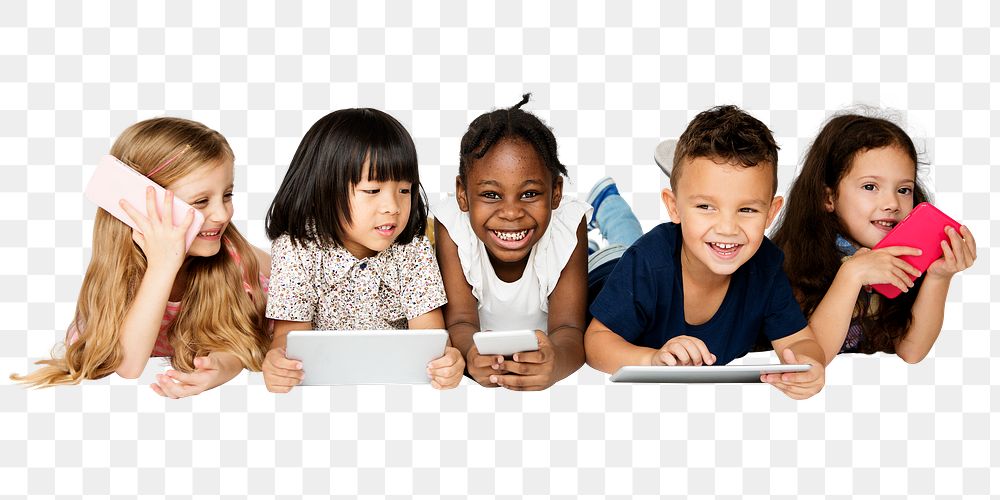 Png children using digital devices sticker, transparent background