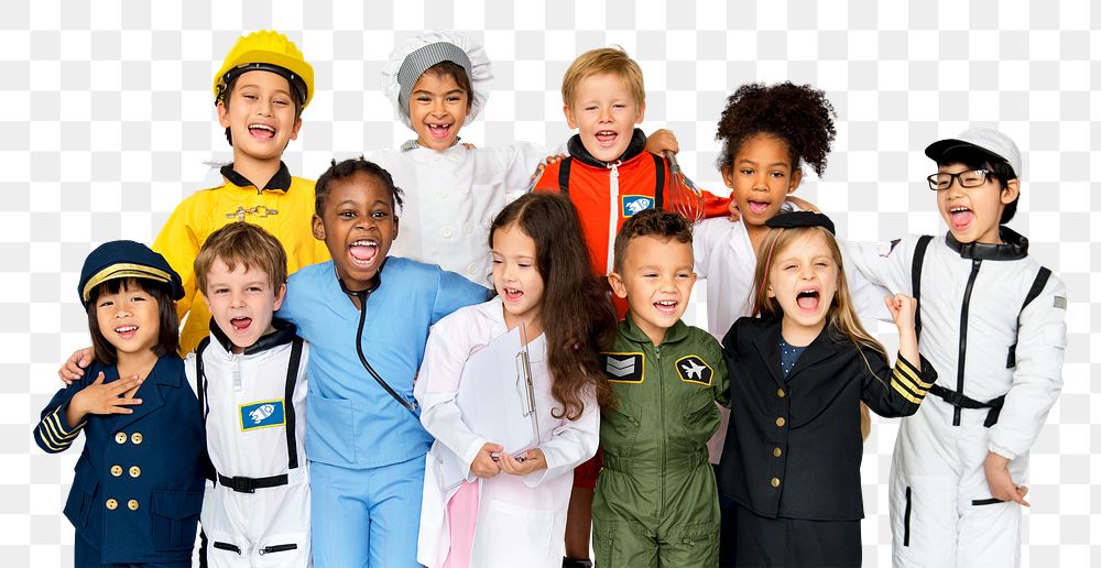 Cheerful kids png sticker, wearing costumes, dream job, transparent background