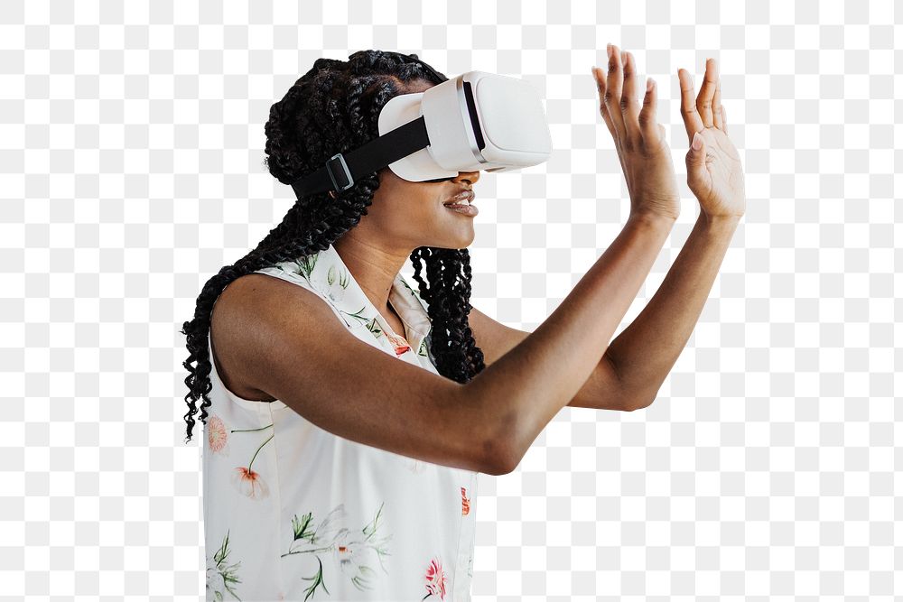 Black woman enjoying a VR headset transparent png