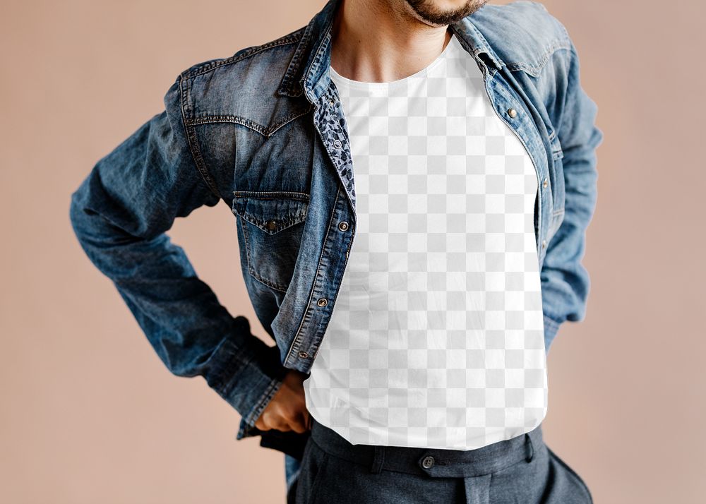 T-shirt PNG mockup men&rsquo;s apparel with denim jacket