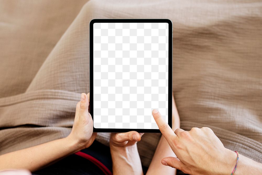 Couple using a tablet screen mockup transparent png