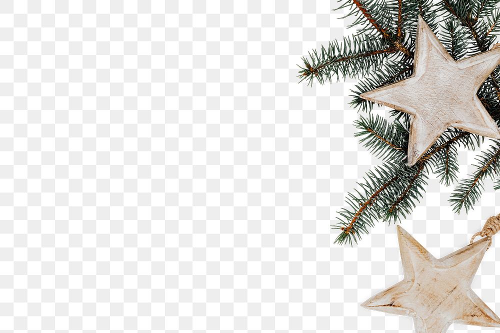 Wooden star ornament decorated on pine tree transparent png