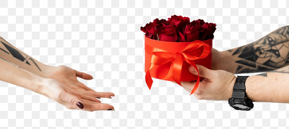 Boyfriend surprising his girlfriend with roses transparent png