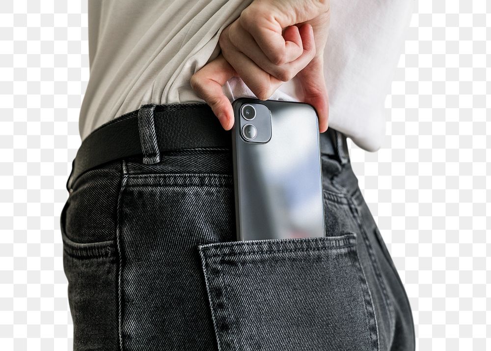 Png mobile phone case mockup in jeans back pocket