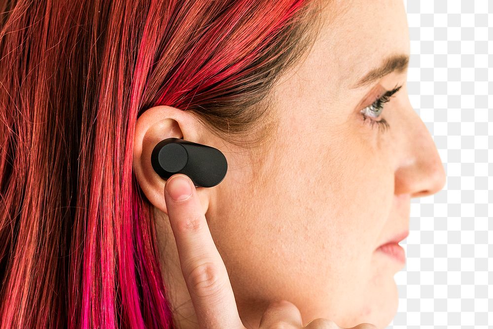 Wireless earbud mockup png woman wearing earphones