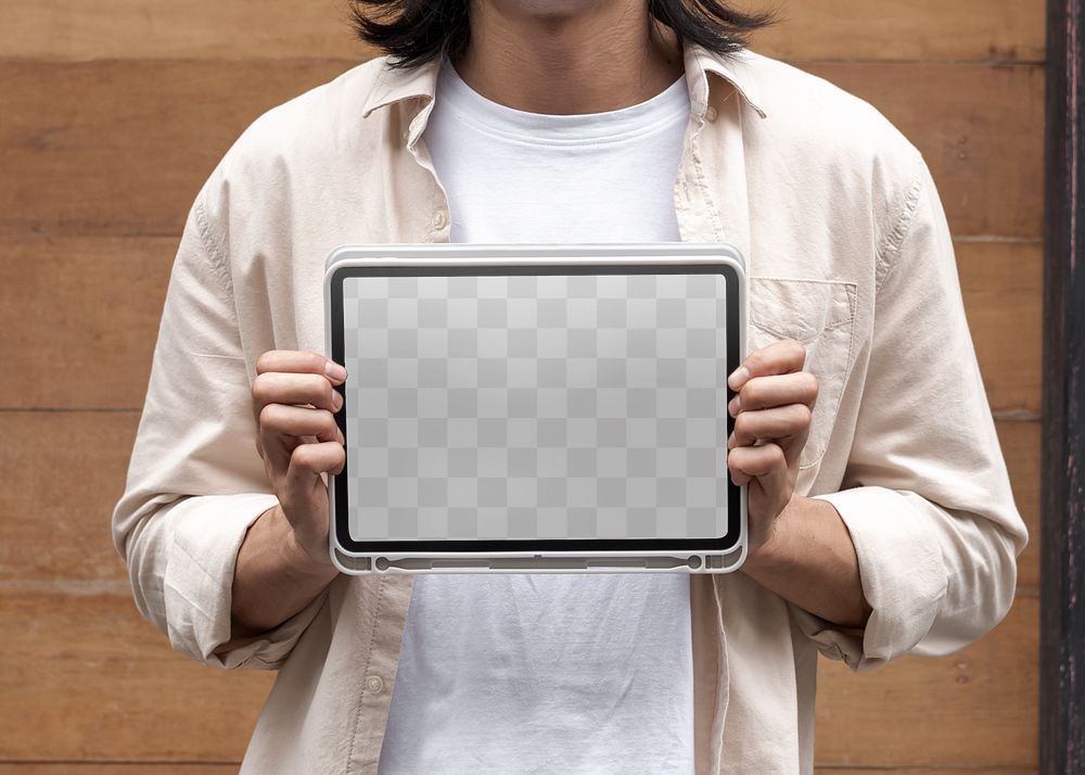 Transparent tablet screen mockup png in the hands of a casual shop owner