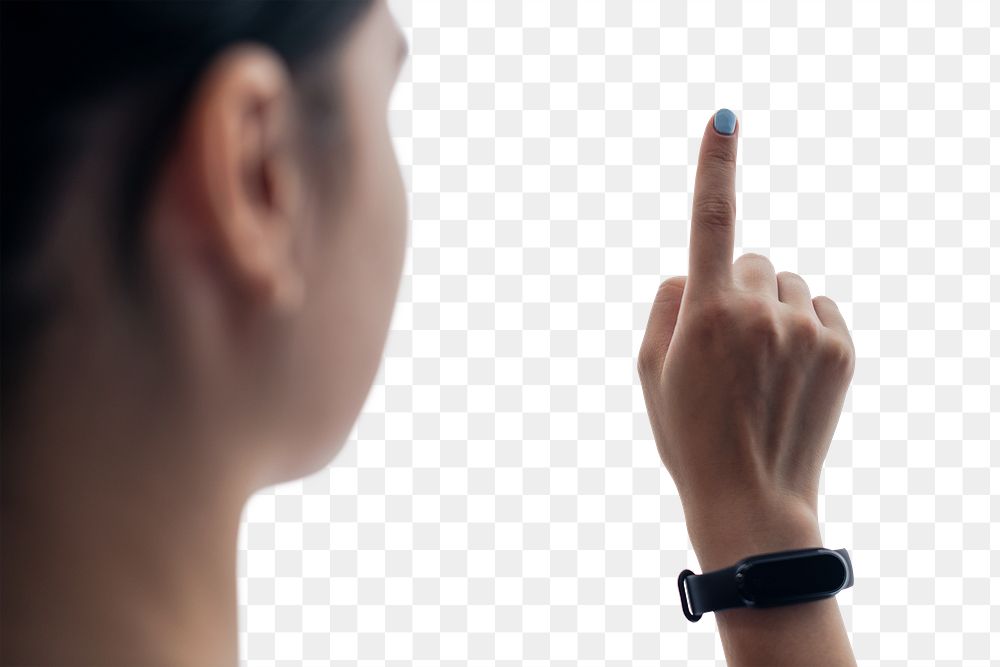 Transparent screen mockup png girl touching with her finger