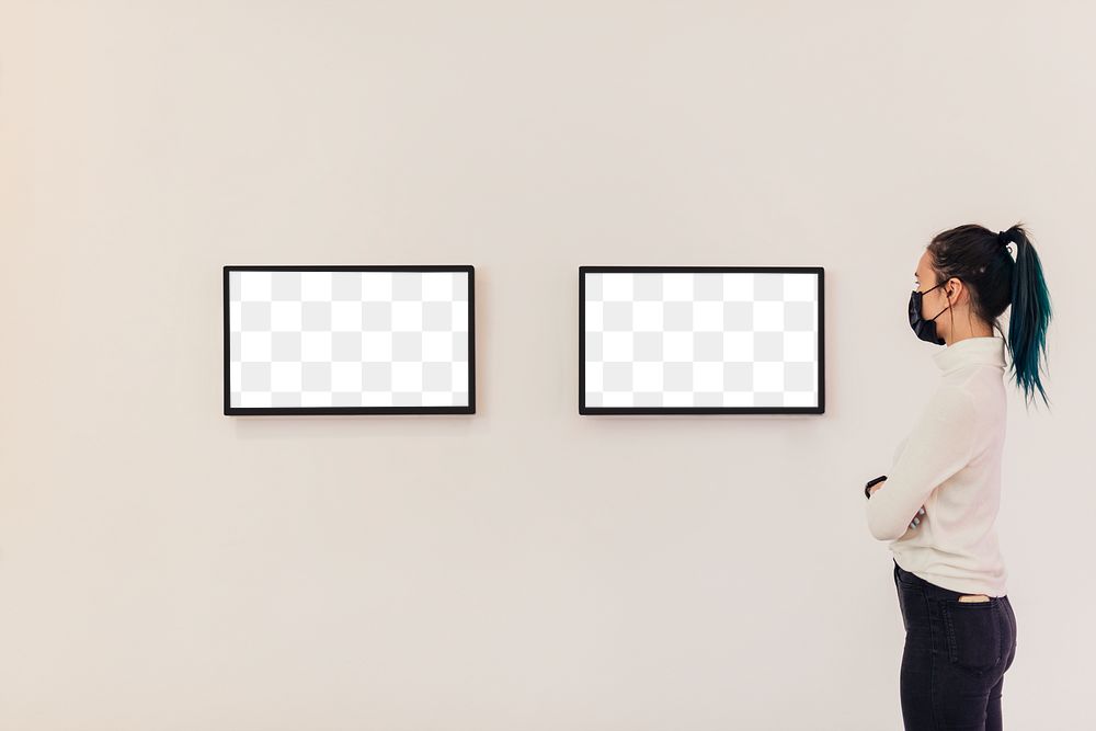 Transparent screens mockup png on gallery wall