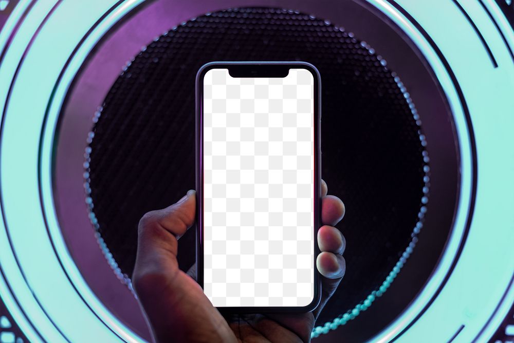 Transparent phone screen mockup png in a circle of neon lights