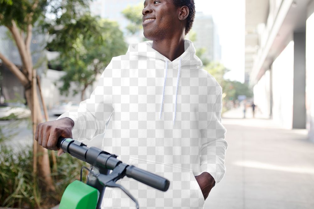 Png menswear hoodie mockup on a man with scooter
