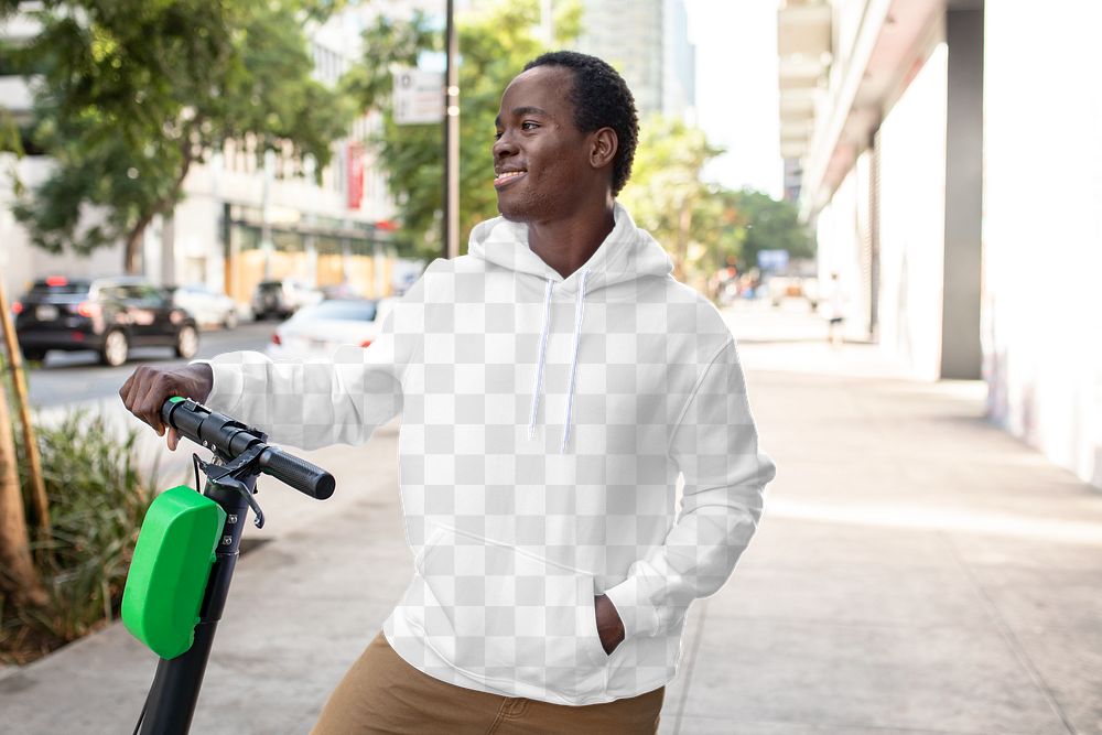 Menswear png hoodie mockup on a man with scooter