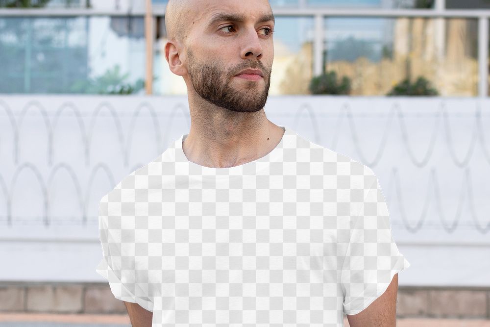 Png men&rsquo;s tee apparel mockup on a man in the city street style fashion