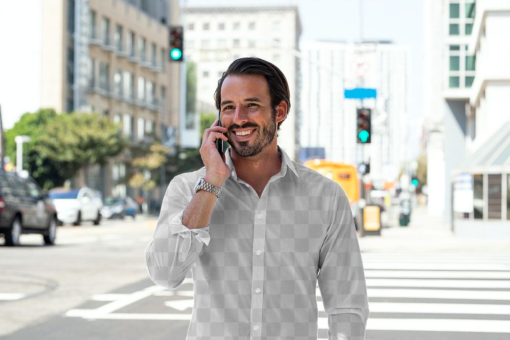 Png casual shirt mockup on a man talking on the phone