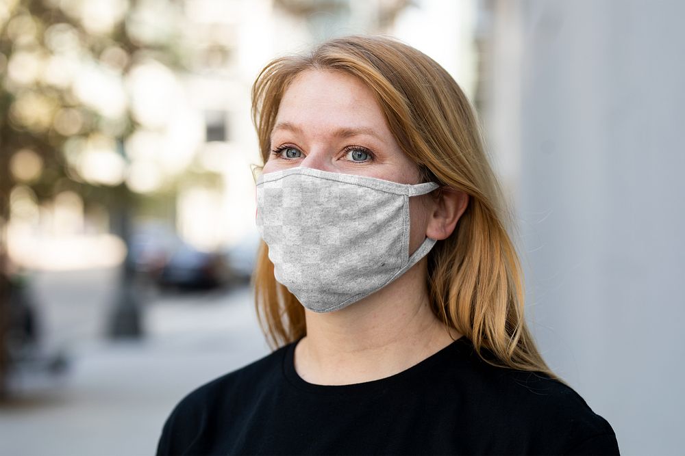 Png face mask mockup worn by a woman in the new normal