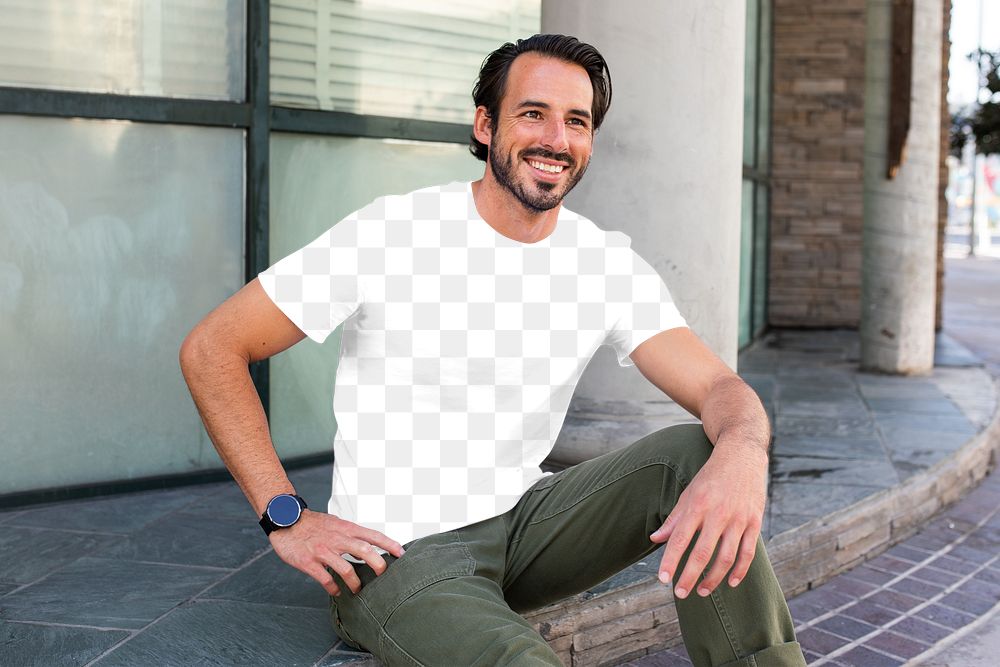 Png men&rsquo;s tee apparel mockup on a man sitting on the steps  street style fashion