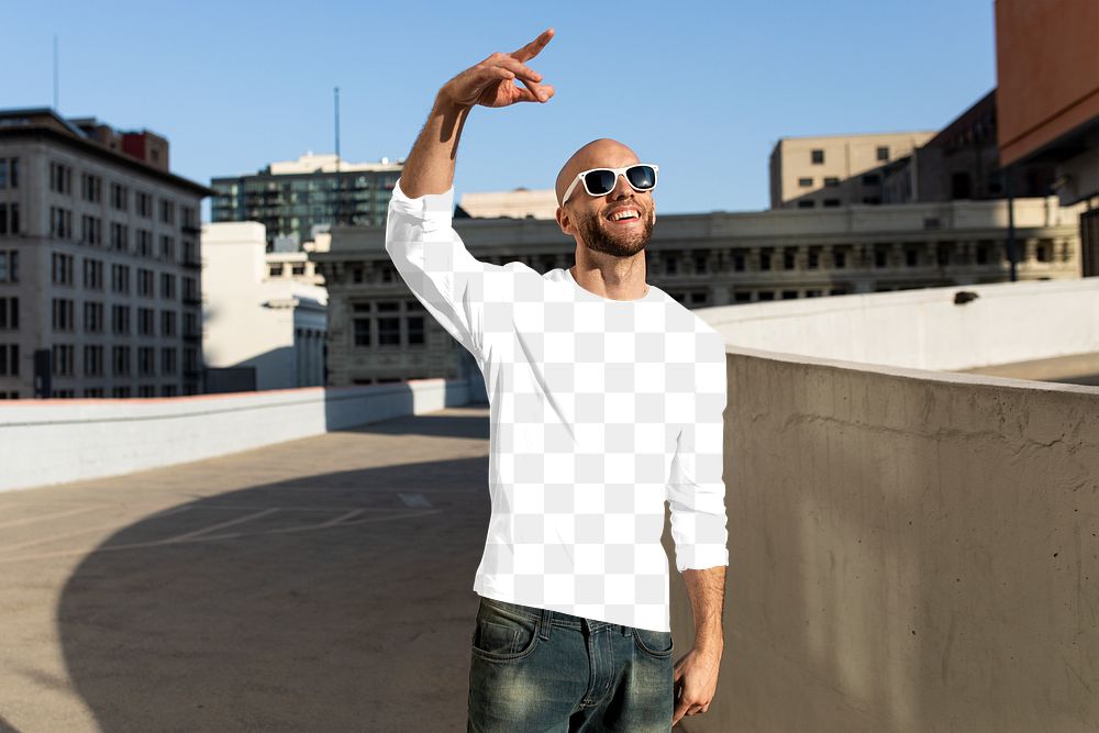 Png men&rsquo;s crew neck long sleeve tee mockup on man wearing sunglasses