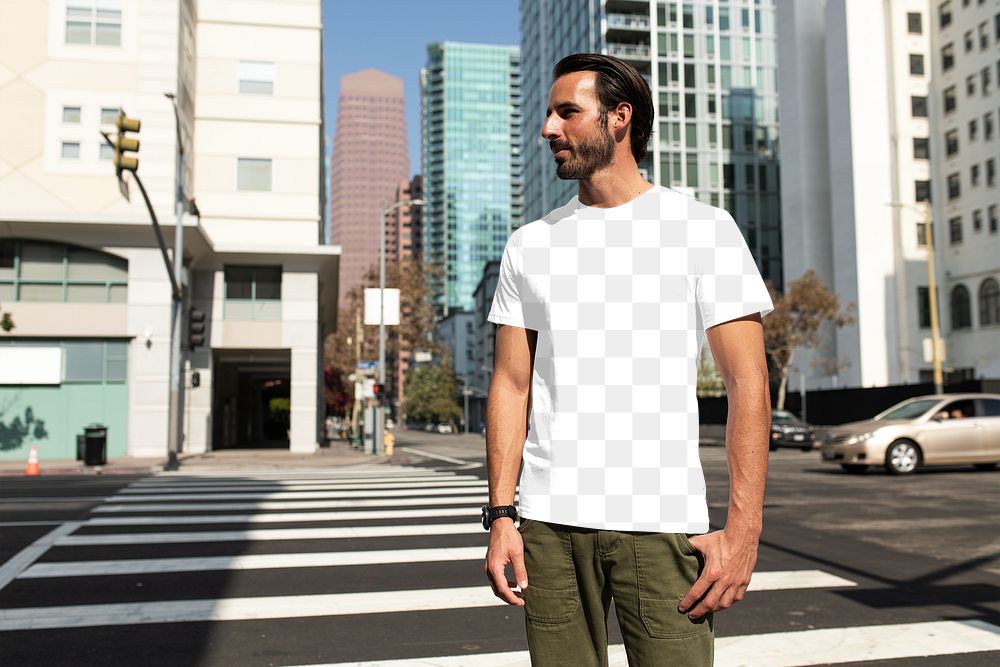 Png men’s tee apparel mockup on a man at the crosswalk street style fashion