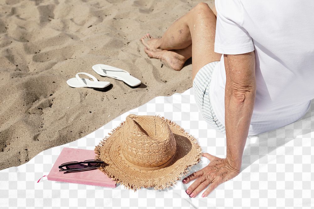 Png beach towel mockup with senior woman summer fashion shoot
