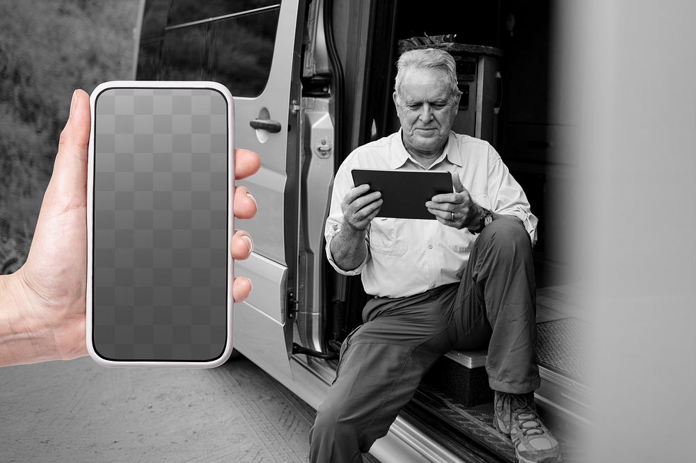 Png smartphone screen mockup grandpa sitting in camper van
