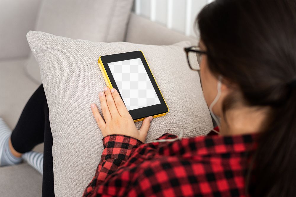 Tablet screen png mockup with woman using it on the couch