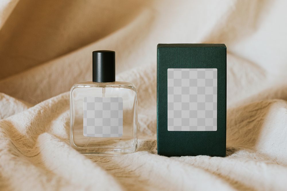Perfume bottle png mockup and black paper box minimal style