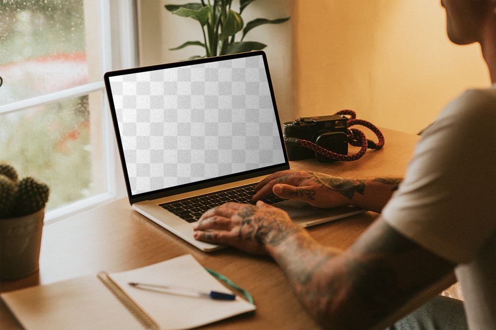 Laptop screen mockup png man working from home
