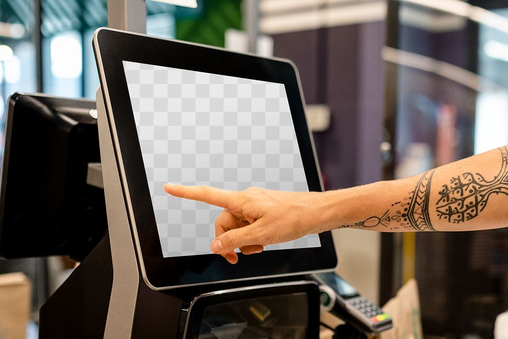 Self-checkout PNG mockup screen, contactless payment cash register