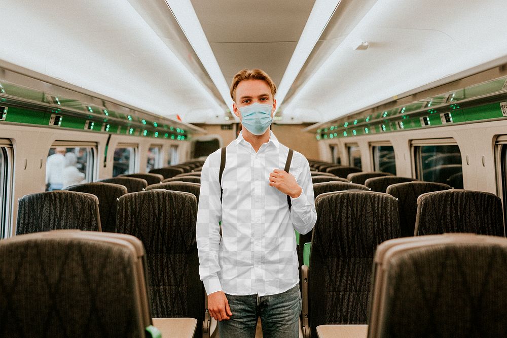 Shirt mockup png on a man on a train with empty seats in the new normal
