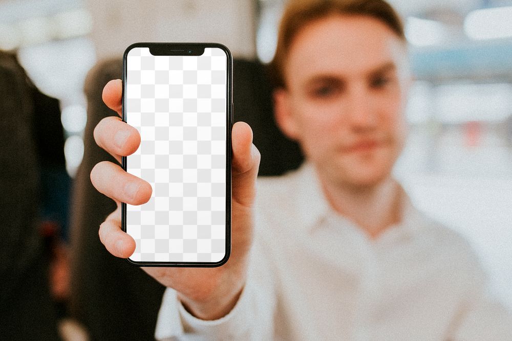 Smartphone mockup png being shown by a man 