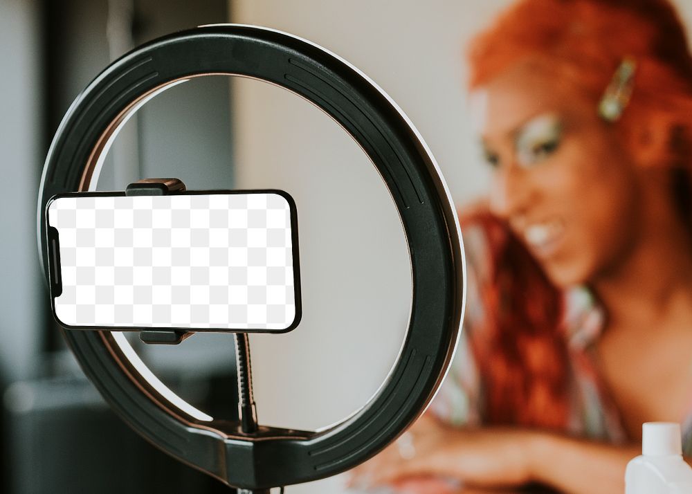 Phone screen png mockup, LED ring light, drag show artist beauty blogger