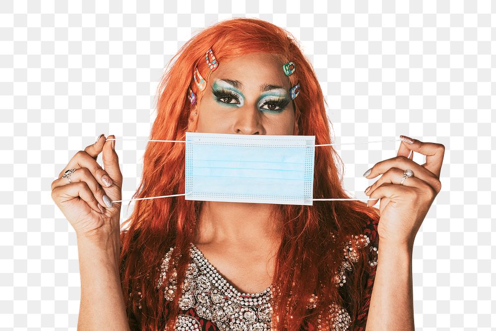 Drag queen png holding blue face mask in the new normal