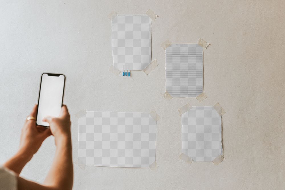 Mood board png mockup, transparent papers on wall