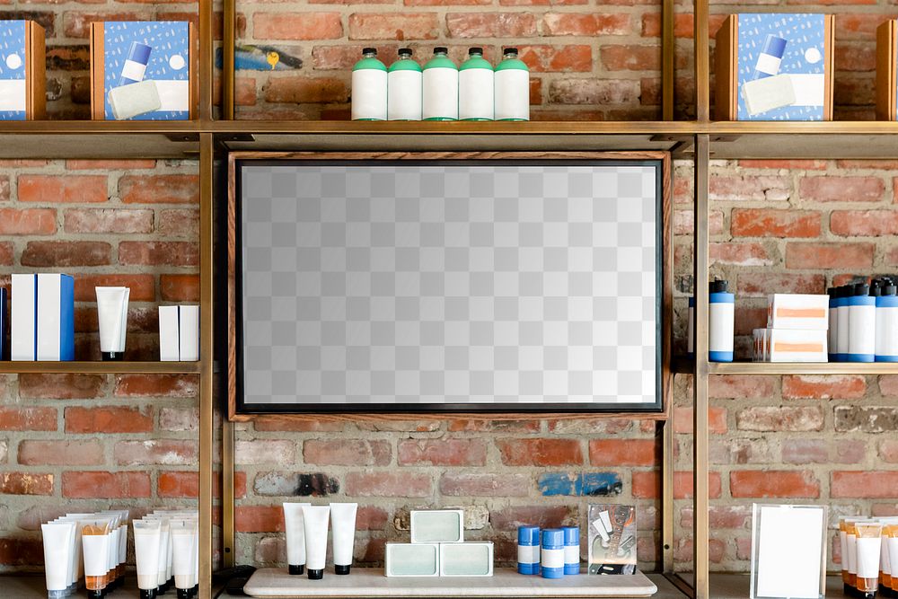 TV screen mockup png transparent, industrial barber shop interior
