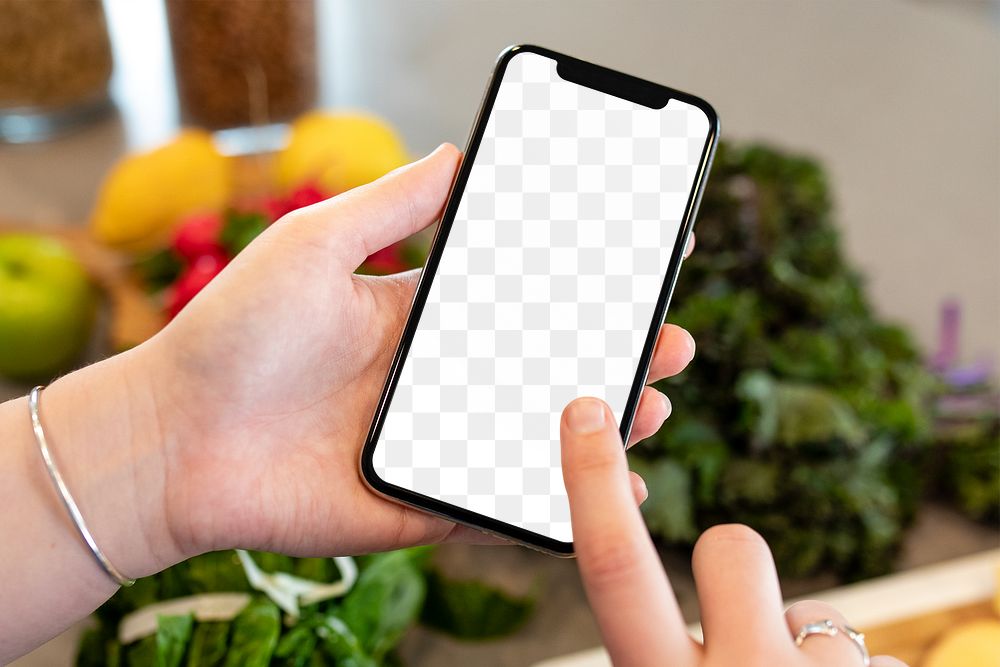 Mobile phone mockup png, transparent screen, in kitchen