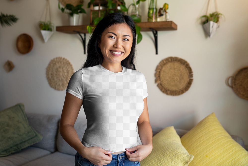 Top mockup png, transparent tee on Asian woman