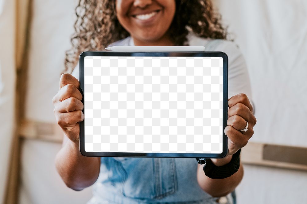 Digital tablet screen png mockup, woman artist showing her own drawing on the tablet 