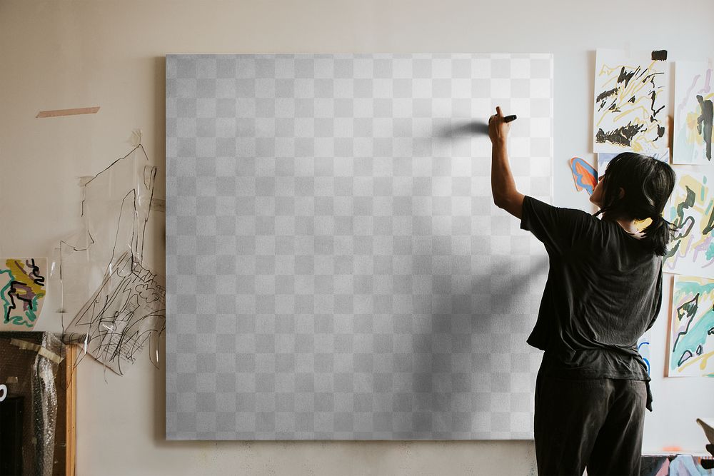 Canvas mockup png, woman artist painting on a transparent artwork 
